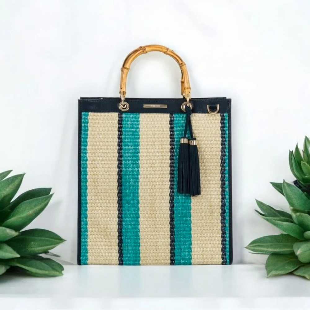 💚▪️BRAHMIN▪️Anguilla Collection Mod Monique Striped Straw Large Tote Bag